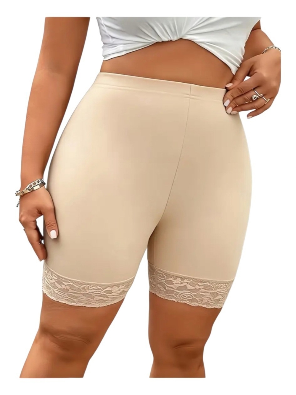 Seamless High-Waist Lace Hem Shaping Shorts - Cream